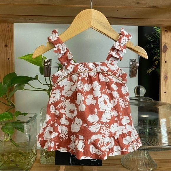 Janie and Jack Rust Orange Floral Print Ruffle Smocked Tank Top - Picture 2 of 10